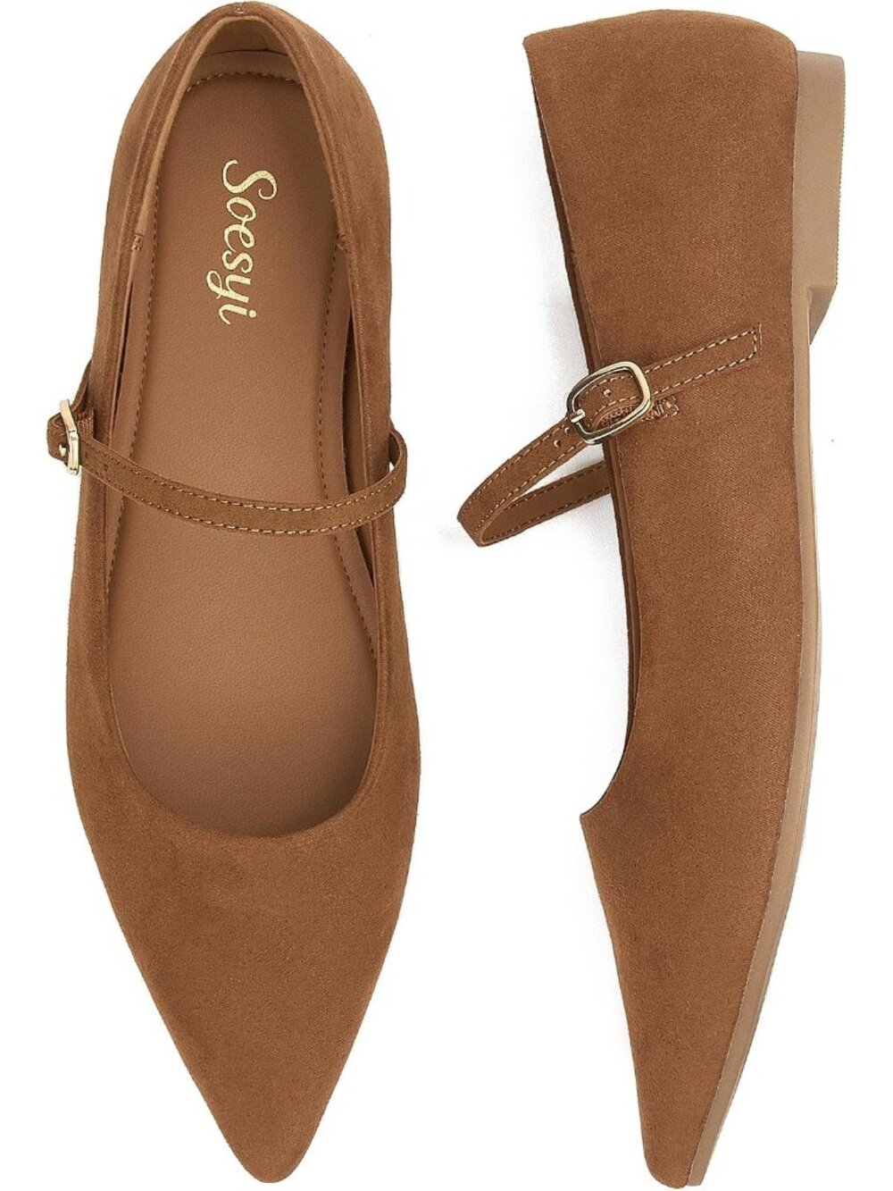 🆕Women's Caramel Pointed Toe Mary Jane Flats Patent Leather Buckle Shoes